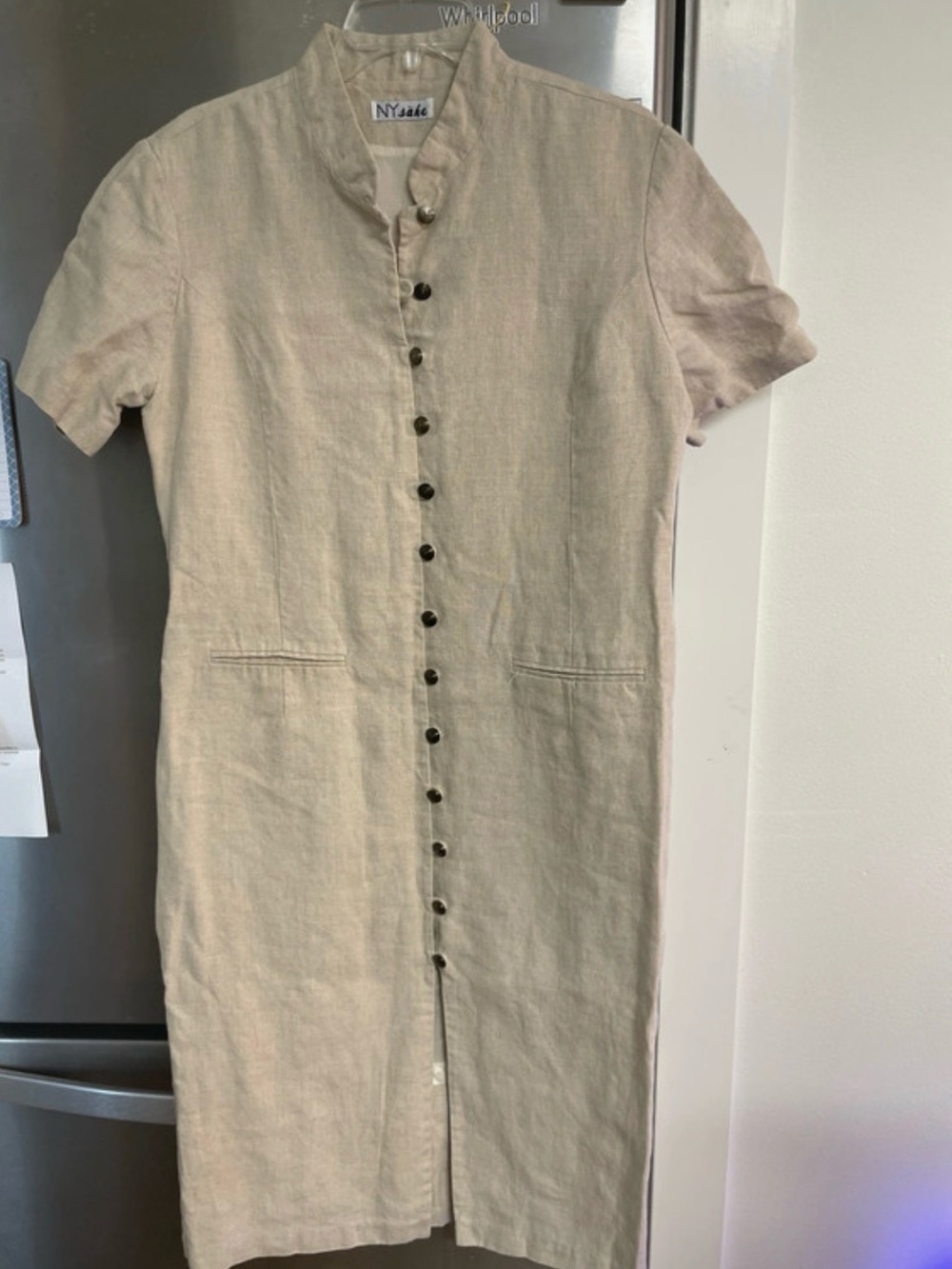 STATE Beige Linen Button-Front Midi Dress